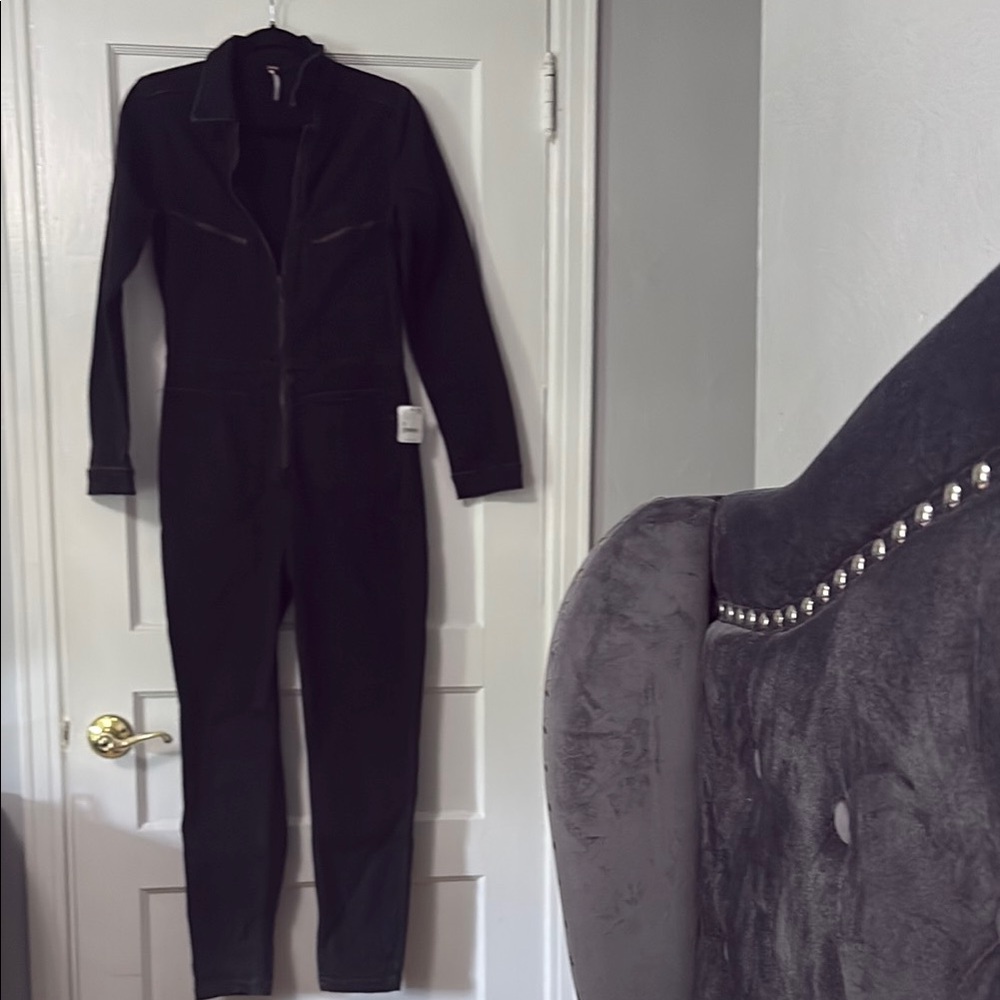 Free People Black Long Sleeve Jumpsuit with Zipper Front